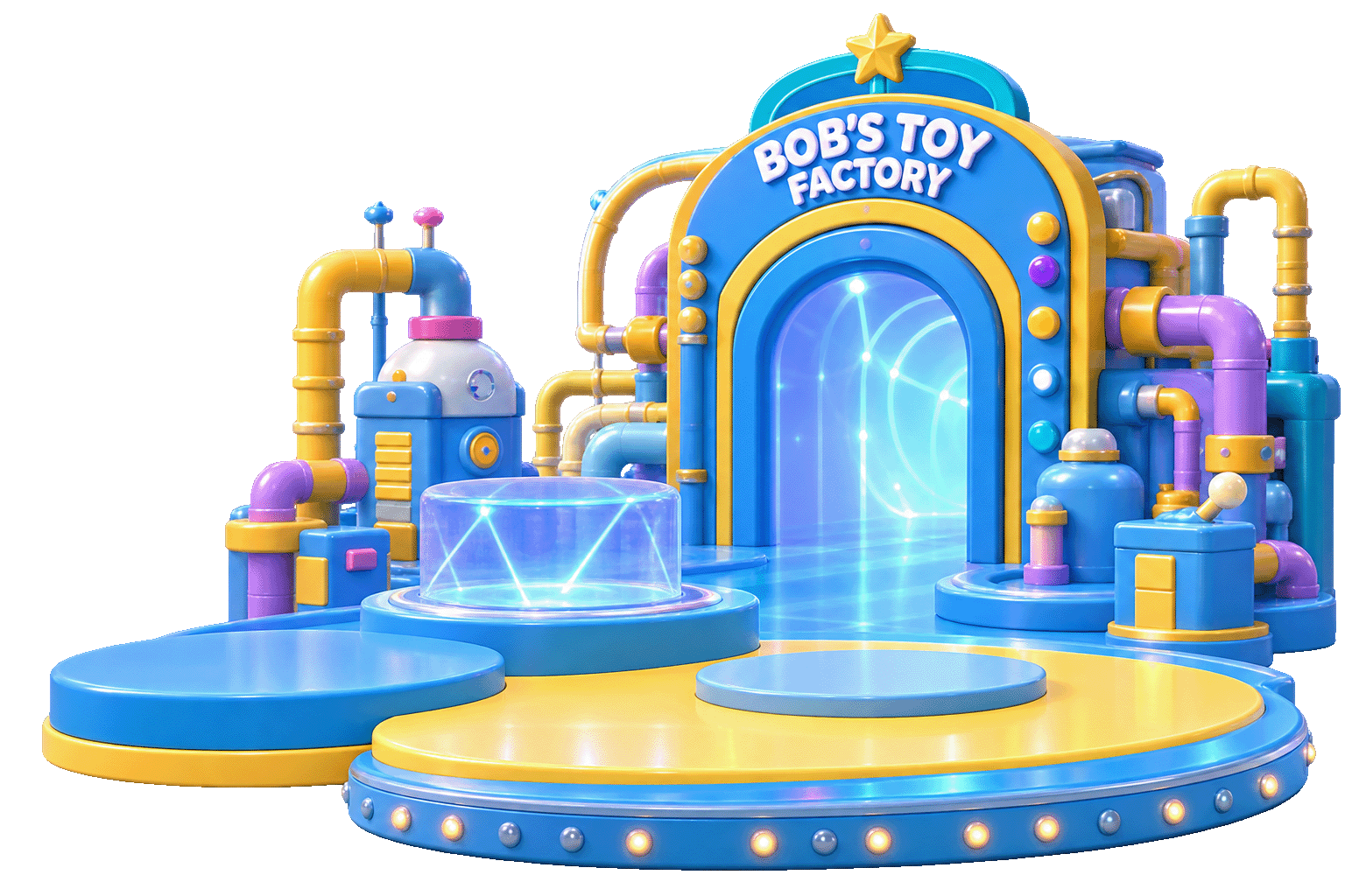 Bob's Toy Factory — a bright blue and yellow toy factory with a glowing arch and display platforms
